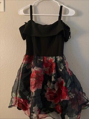 B Darlin Black Dress with Red Floral Organza Skirt